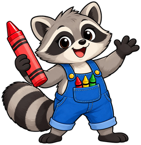 Bandit, a raccoon in overalls holding a red crayon