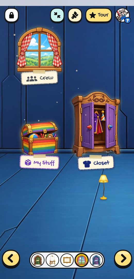 A kid's Den with a window, a rainbow toy chest and a wardrobe