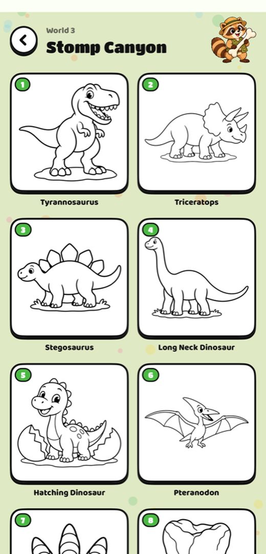 The Stomp Canyon world: a grid of dinosaur coloring pages
